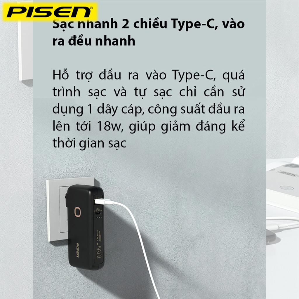 Pin sạc dự phòng nhanh Pisen 10000mAh TS-D289 Chính Hãng Cho iPhone Huawei Samsung Xiaomi Oppo Vivo