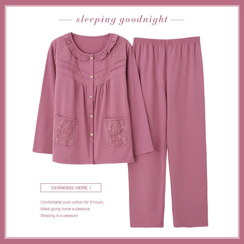 Bộ đồ ngủ cotton cao cấp cho bà mẹ Áo khoác nữ mùa xuân và thu len mỏng cho người trung niên cao tuổi đồ ngủ quần dài t