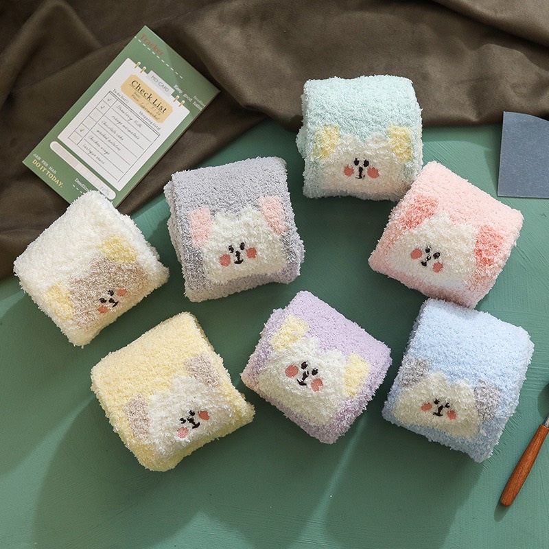 TLB14 Tất len bông cổ cao tất lông cừu trơn  hình gấu tông màu pastel nhã nhắn chất siêu dày giữ ấm