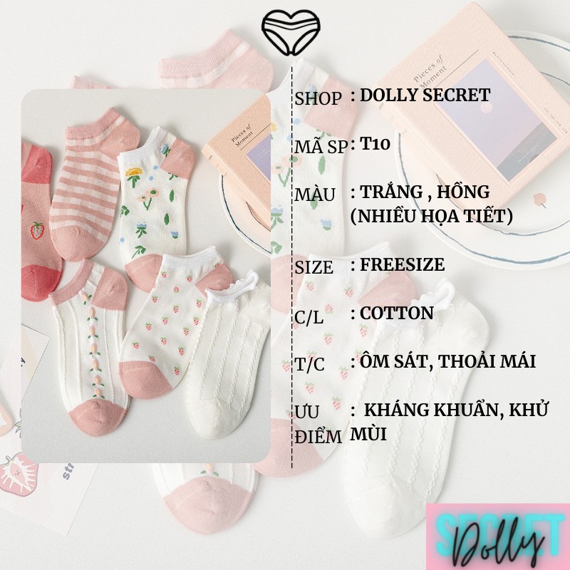 Tất cổ ngắn cotton dễ thương màu trắng hồng công chúa phong cách Vintage Hàn Quốc DOLLY SECRET T10