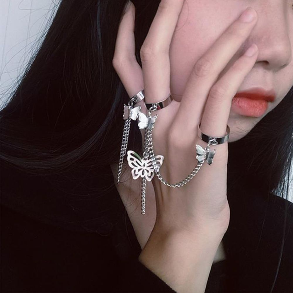 Nhẫn đeo tay 3 kiểu tùy chọn phối sợi xích và bướm phong cách harajuku cho nam và nữ