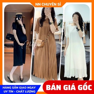 Đầm voan xếp li cổ tròn vải mềm mát Đầm bầu dễ thương TP108