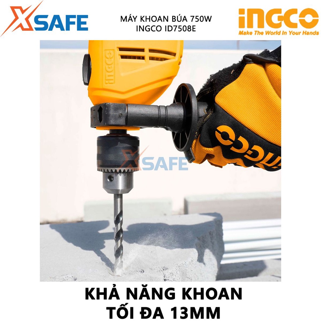 Máy khoan búa cầm tay 13mm INGCO ID7508E công suất 750w, tốc độ 3000rpm có chỉnh tốc đảo chiều, chức năng khoan động lực
