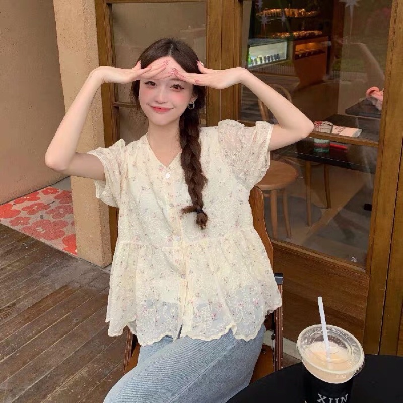 Áo hoa nhí tím vintage Quảng Châu cực xinhZb