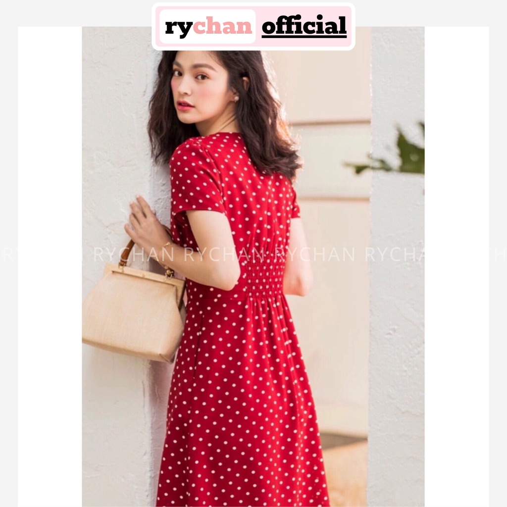 Đầm Maxi Chấm Bi Đỏ Cổ Tim Sơ Mi Tay Ngắn - DM491