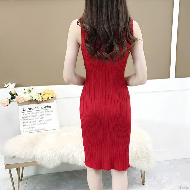 Round Neck Knit Women Slit Dress Novel Chic Solid Color Sleeveless Knee-length | BigBuy360 - bigbuy360.vn