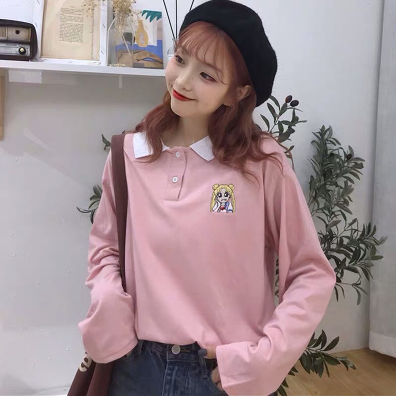 Áo Thun Tay Dài Phối Cổ Kiểu Sơmi In Logo Thủy Thủ Mặt Trăng Cực Cute TTS0870