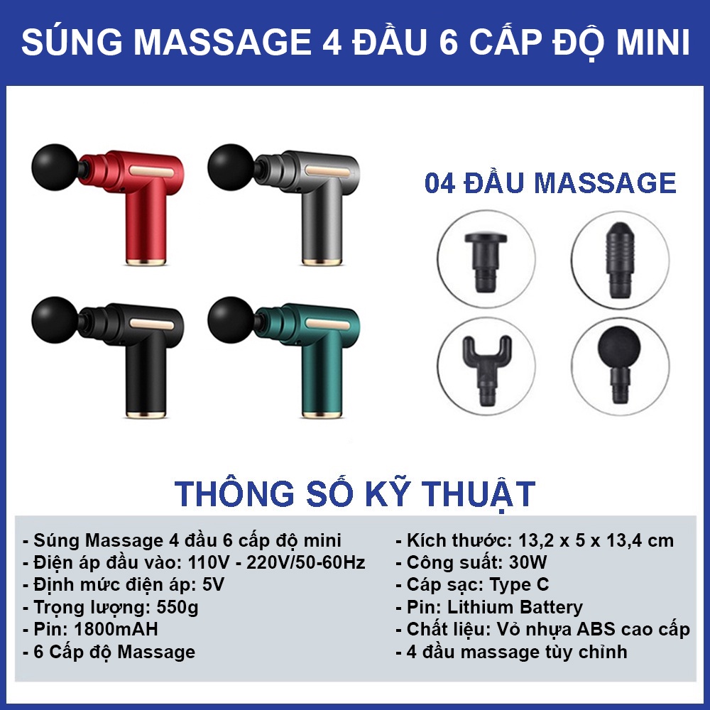 Máy massage cầm tay 6 đầu 30 cấp độ trị đau nhức toàn thân hiệu quả, súng massage kèm 6 đầu mát xa chuyên sâu