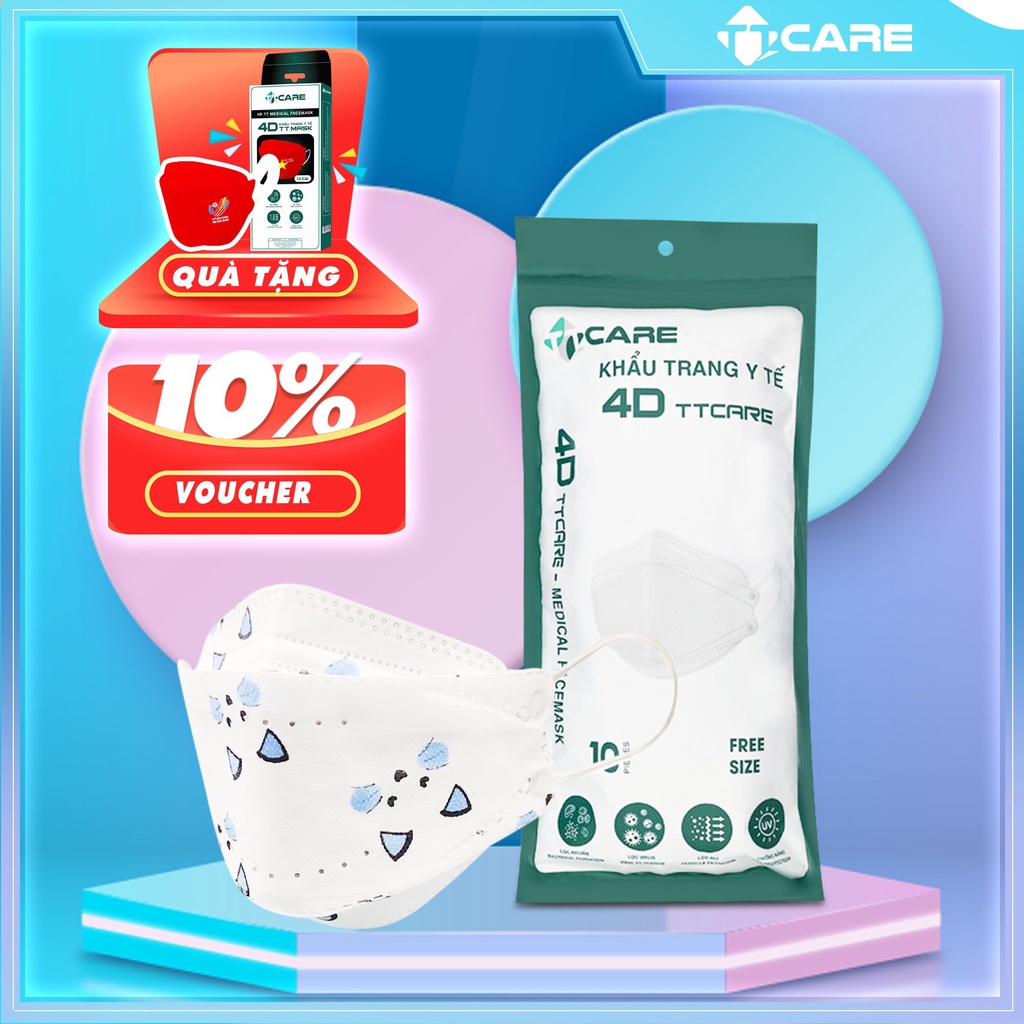 COMBO 5 Túi khẩu trang y tế kf94, khẩu trang 4D in hình hoạ tiết cute chính hãng TTCare