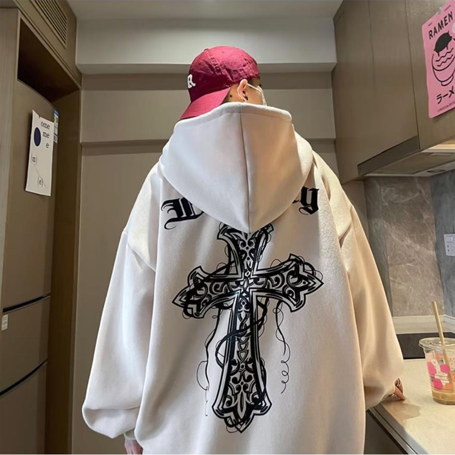 Áo Hoodie Dài Tay Dáng Rộng In Chữ Thập Cá Tính Cho Nam Nữ Cỡ M-3XL