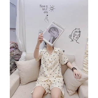 Đồ Bộ Nữ Mặc Nhà Cộc Tay Pyjama Dễ Thương, Đồ Ngủ Nữ Cộc Tay Mùa Hè Chất Vải Đũi Thoáng Mát