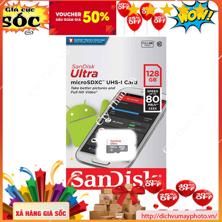Thẻ nhớ Sandisk 128g class 10 Mở rộng bộ nhớ trong, tăng thêm dung lượng lưu trữ kholinhkienmayin