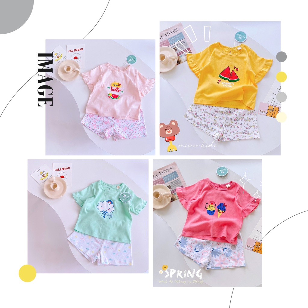 Bộ thun cotton phối tay bèo chính hãng Miwoo siêu xinh cho bé gái bảng màu 2