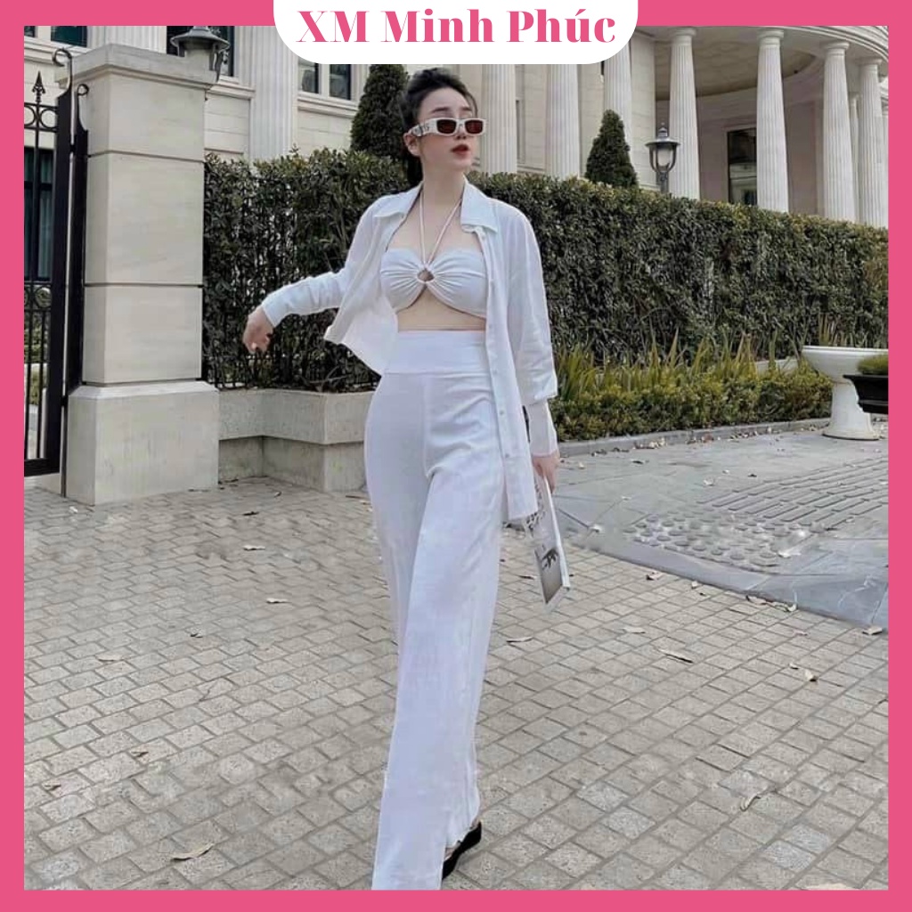 Set Bộ Nữ,áo Sơ Mi Tay Dài Kết Hợp Quần Ống Suông Dạo Phố Dự Tiệc Sang Chảnh Thời Trang Thiết Kế Xm Minh Phúc