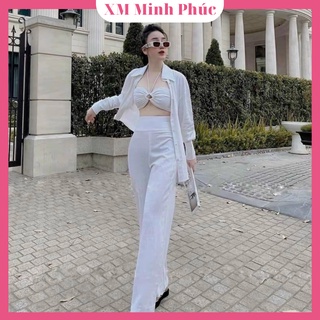 Set Bộ Nữ,áo Sơ Mi Tay Dài Kết Hợp Quần Ống Suông Dạo Phố Dự Tiệc Sang Chảnh Thời Trang Thiết Kế Xm Minh Phúc