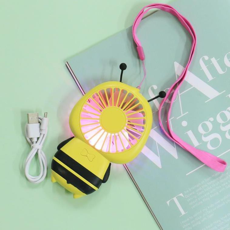 Quạt mini cầm tay đeo cổ hình CHÚ ONG phát sáng  Đổi màu sắc liên tục  Quạt Tích điện USB  Cực mát