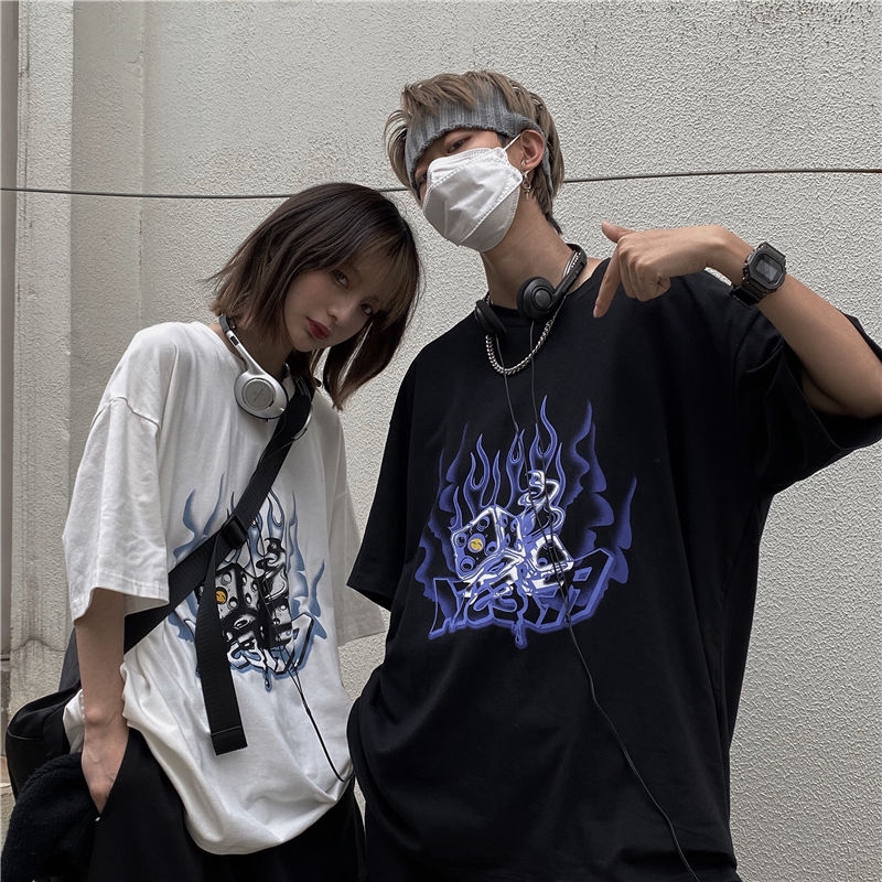 Áo thun 173314 tay lỡ dáng rộng họa tiết ngọn lửa xanh dương cá tính phong cách đường phố dễ phối đồ