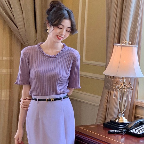 Áo Thun Dệt Kim Tay Ngắn Dáng Ôm Thiết Kế Trẻ Trung Hợp Thời Trang