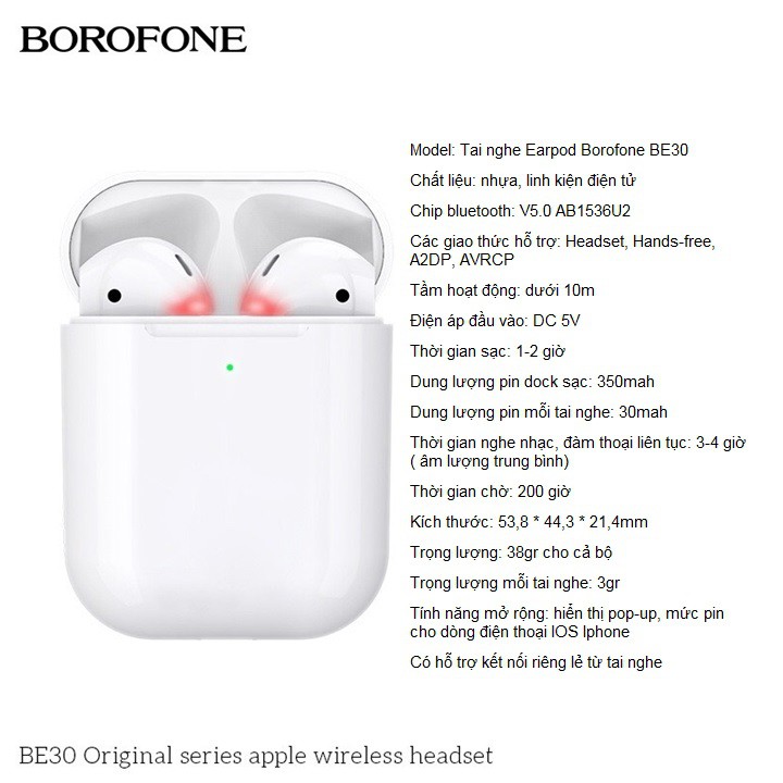 Tai Nghe Bluetooth Quad Layer Earpod V5.0 Borofone Model BE30 Dock Sạc Hỗ Trợ Sạc Không Dây Âm Thanh Chuẩn Chính Hãng