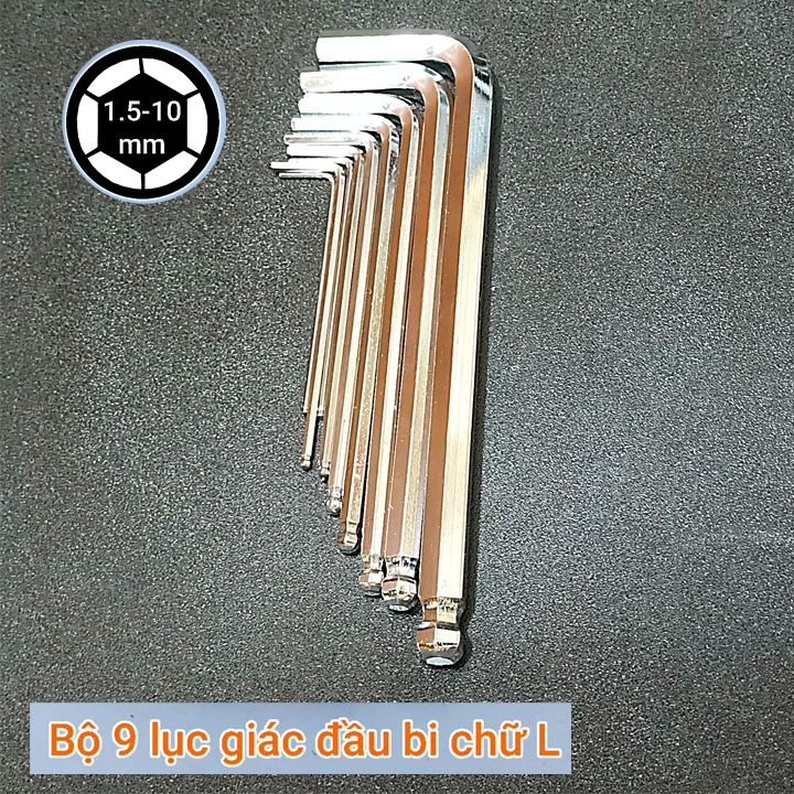 Bộ lục giác bi 9 cây chữ L thép #45 CRV mạ Niken Size 1.5 đến 10mm phong cách bền đẹp chắc chắn.