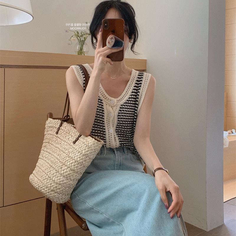 NZN Áo Dệt Kim Nữ Sát Nách Cổ Chữ V Phong Cách Retro Hàn Quốc Hiện Có 4 Màu