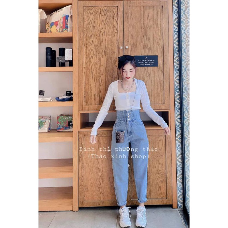 Quần jeans baggy nữ lưng cao đai chéo sau thảo xinh shop tôn dáng