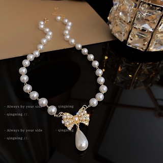 vòng cổ chocker ngọc nhân tạo hình nơ đính đá lấp lánh sang chảnh