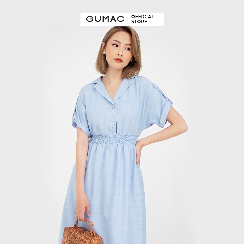 [Mã MABR07062 giảm 8% tối đa 50K đơn từ 249K] Đầm nữ thiết kế eo chun cổ lật GUMAC màu xanh DB572 | BigBuy360 - bigbuy360.vn