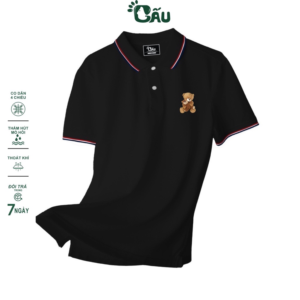 Áo thun Polo GẤU 194 viền vải cá sấu Poly co dãn 4 chiều dày dặn form gerular fit -  Polo In 3 Sọc Gấu Teddy