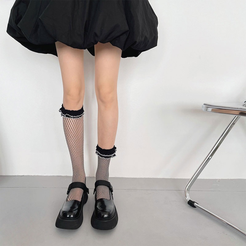 Xixi Tất Lưới Dài Ngang Bắp Chân Phối Ren Xếp Nếp Phong Cách Harajuku Nhật Bản Ngọt Ngào Cho Nữ Hàng Có Sẵn