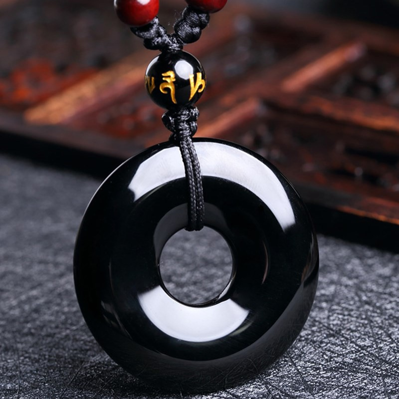 Vòng cổ mặt đá Obsidian tự nhiên màu đen phong cách retro cho nam và nữ