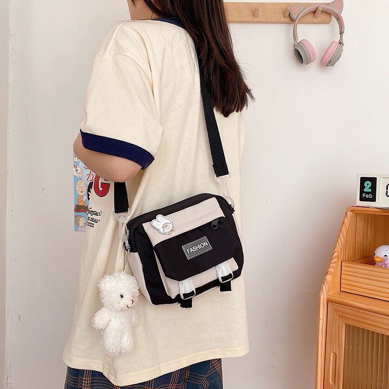 Túi đeo vai bằng vải canvas sức chứa lớn họa tiết hoạt hình phong cách Nhật Hàn xinh xắn cho nữ sinh