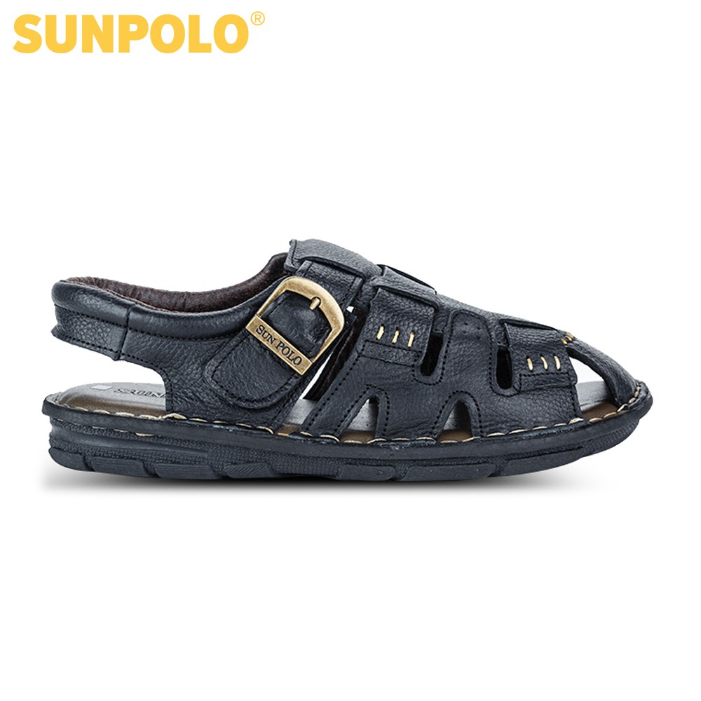 Sandal Nam Da Bò Cao Cấp SUNPOLO Nâu Đen SUSDA11ND