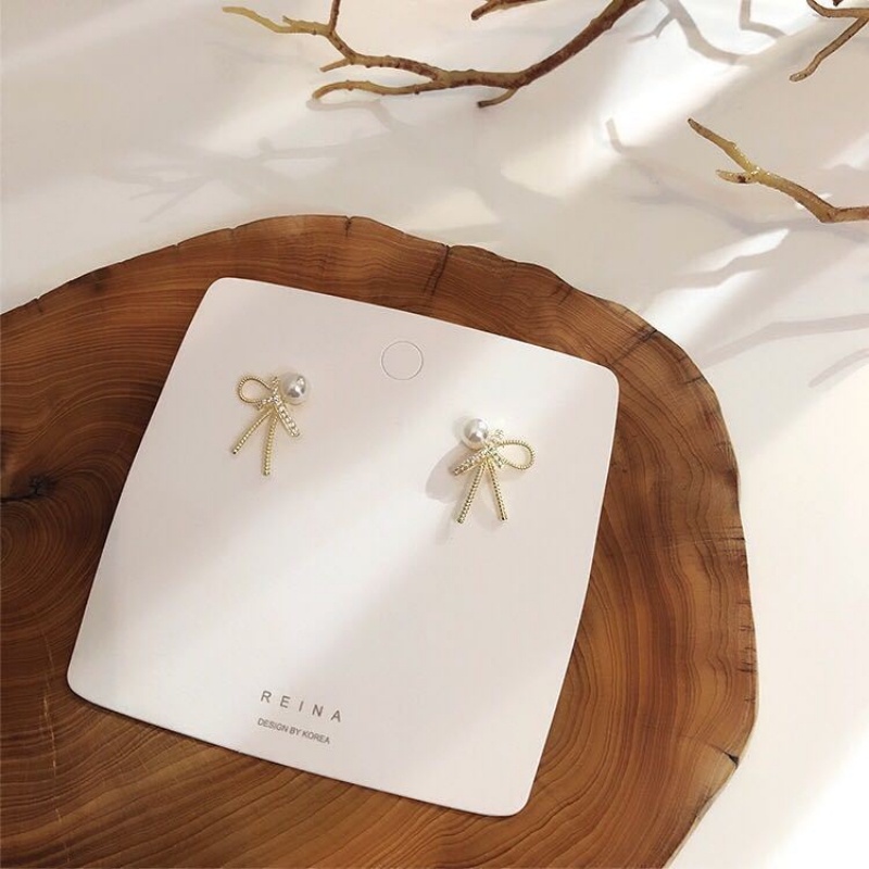 Khuyên Tai Nơ Đính Đá Và Ngọc Trai Phong Cách Hàn Quốc