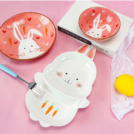 Đĩa Ăn Dặm Hình Thỏ Trắng Xinh Xắn Size To Chất Liệu Gốm Sứ Đựng Đồ Ăn Dặm Cho Bé YOOTA BABY