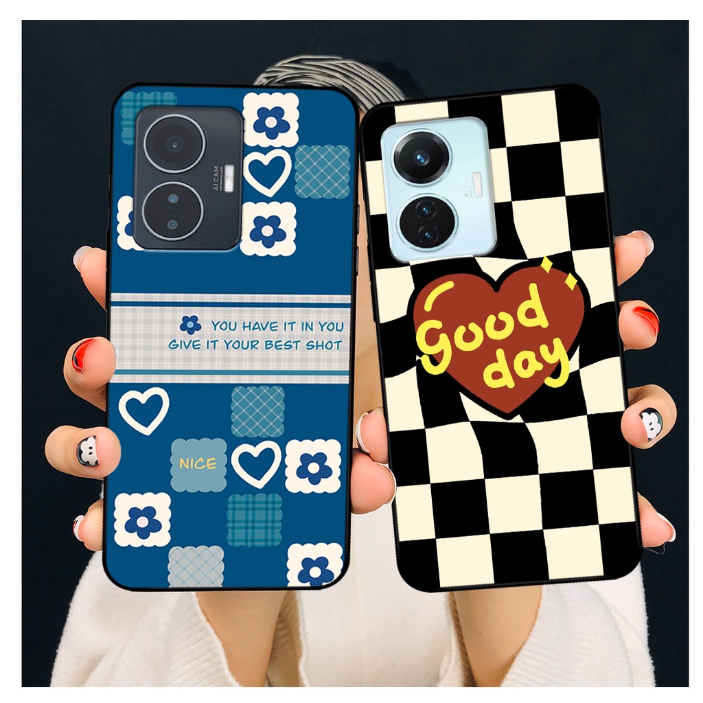 Ốp lưng Vivo Y55 2022 in hoạ tiết caro trái tim đen trắng, gấu bear cute đáng yêu