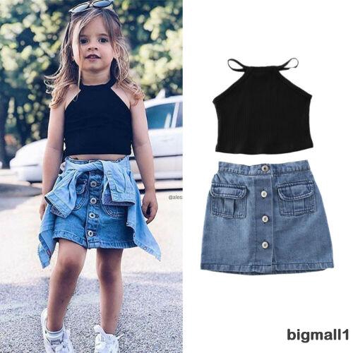 Bộ áo sát nách màu đen + chân váy denim thời trang cho bé gái từ 1-6 tuổi