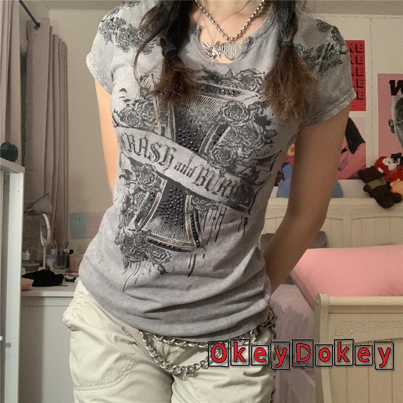 Áo Thun Tay Ngắn Cổ Tròn In Họa Tiết Hoa Phong Cách Retro Đường Phố Dành Cho Nữ