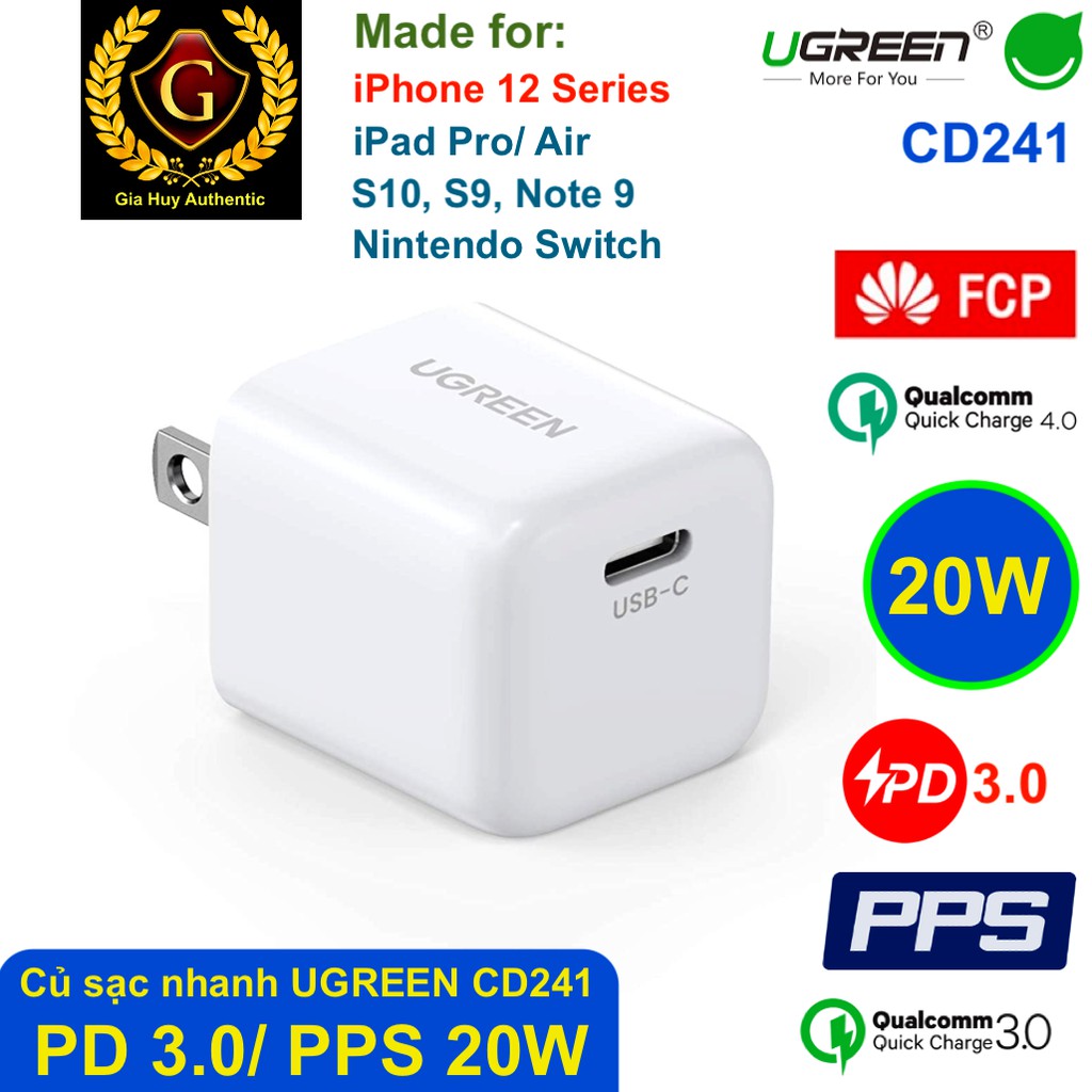 Củ sạc nhanh iPhone 12 Series, iPad Pro, Note 10, S10, S20, Mate 30 UGREEN CD241 Power Delivery 3.0 / QC 4.0/ PPS 20W