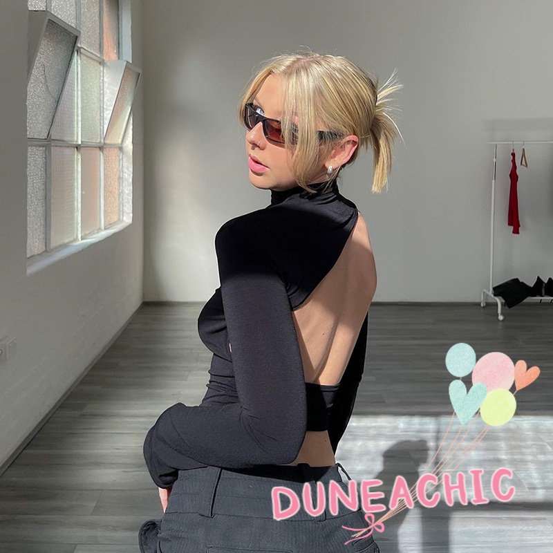 DUNEA Áo Thun Tay Dài Cổ Cao Hở Lưng Màu Trơn Phong Cách Thời Trang Đường Phố Cho Nữ