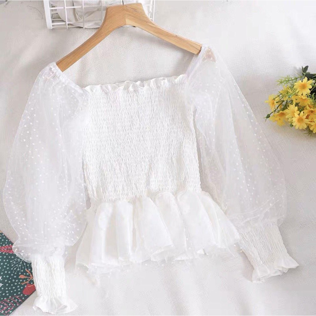 [Giá Gốc] 1125A26B1 Áo trễ vai peplum dài tay voan nhún chấm bi tiểu thư ngọt ngào