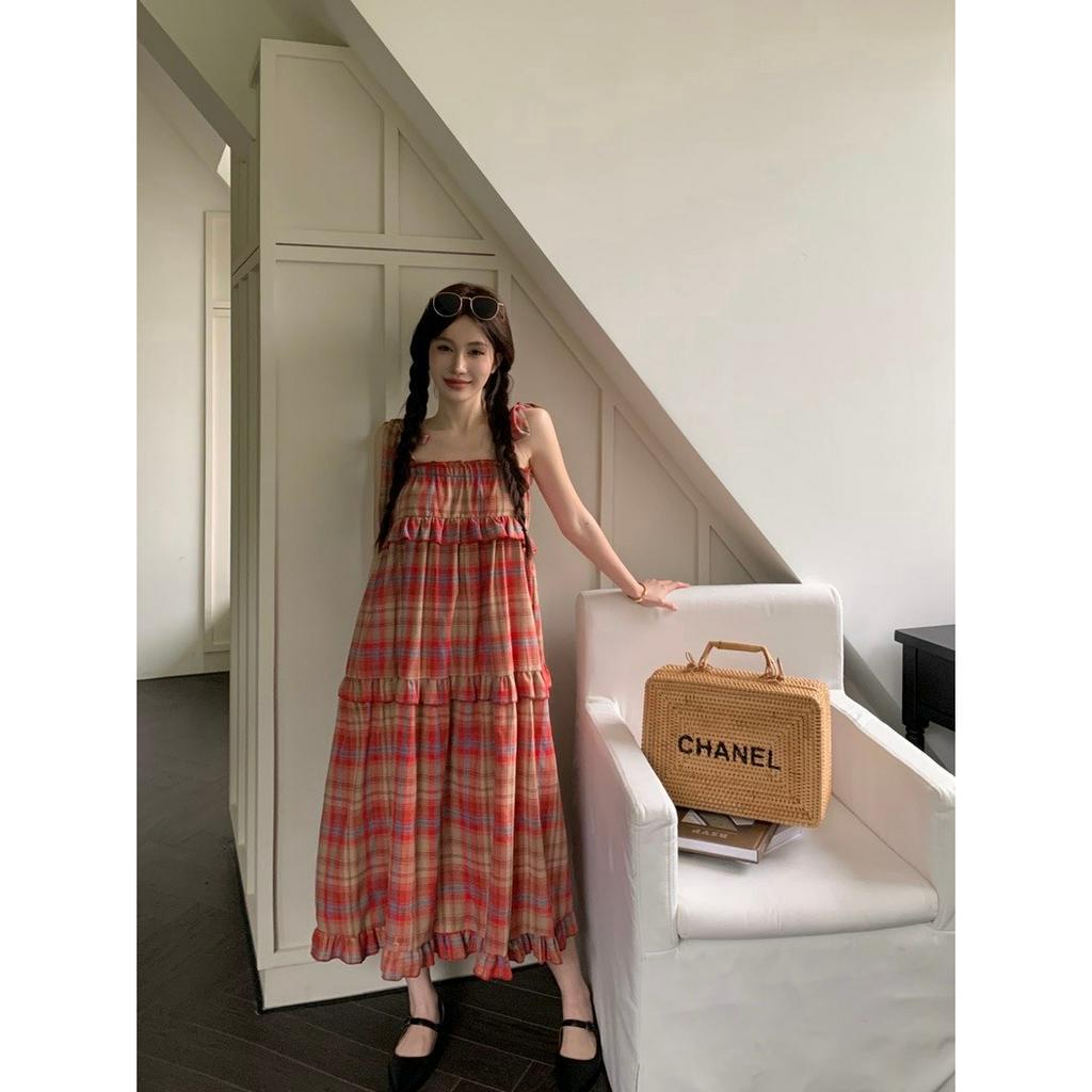 Váy kẻ 2 dây Glandie buộc nơ vai dáng babydoll