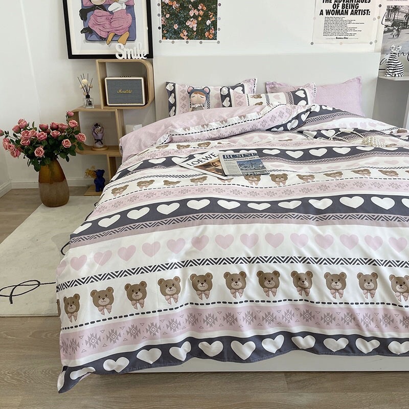 set chăn ga poly nhập khẩu chăn trần bông - mẫu tim kẻ hồng