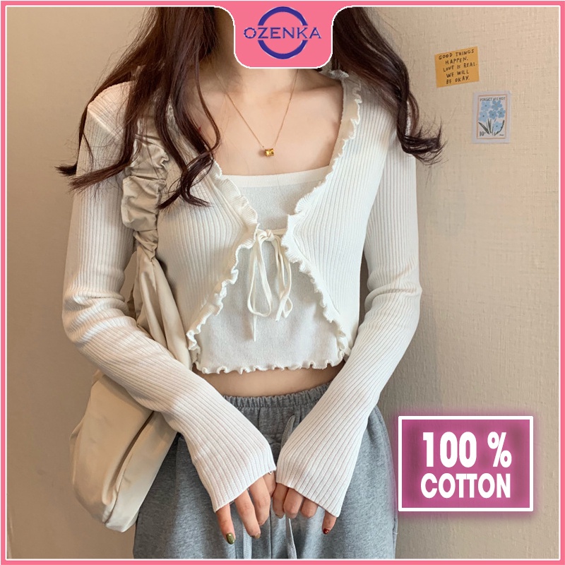 ஐ♣◊Áo cardigan croptop tay dài nữ OZENKA , khoác crt ôm body len gân 100% cotton thân 2 lớp màu đen trắng bánh bèo