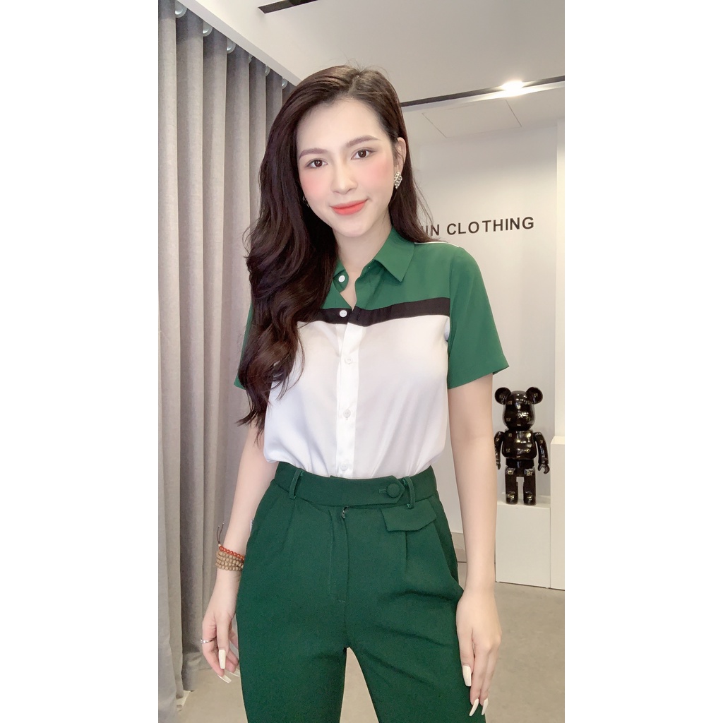 Áo sơ mi ngắn tay mix màu xanh trắng phong cách trẻ trung, dễ phối đồ Liin Clothing SM4368