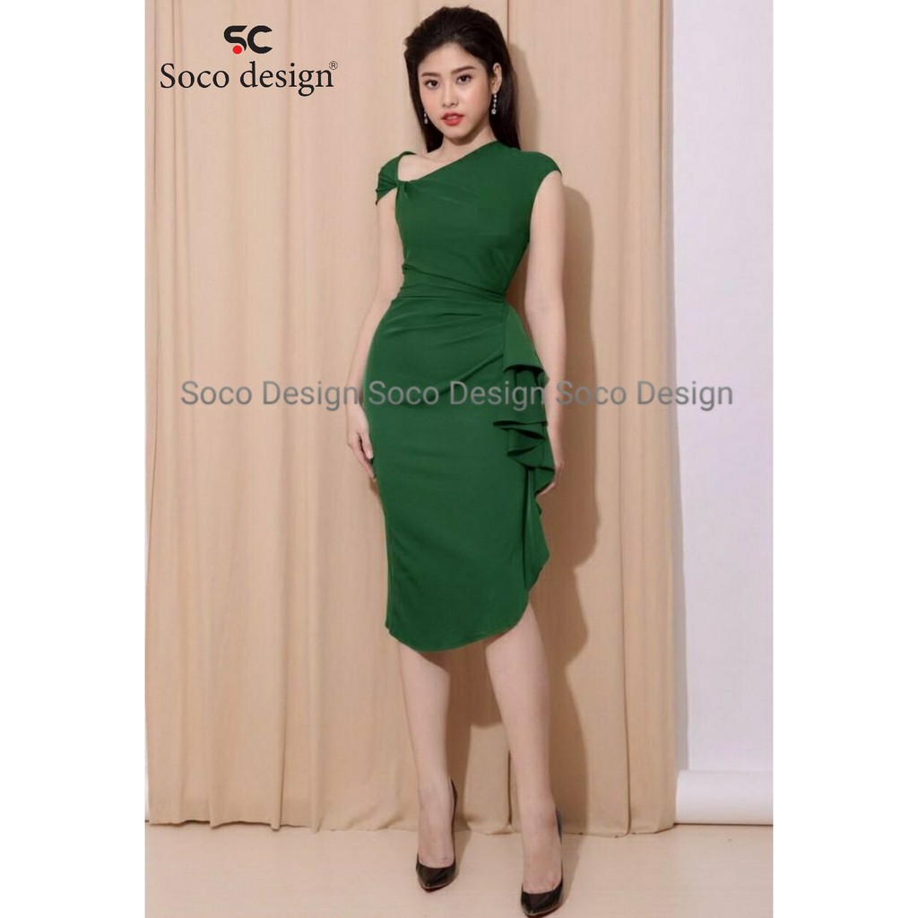 Đầm ôm cổ xéo dún eo cao cấp Soco Design SC23041