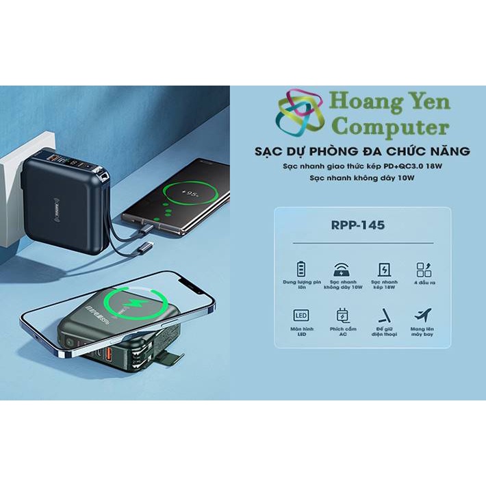Sạc Dự Phòng Remax RPP-145 10000Mah (Sạc Nhanh QC3.0, PD18W), Tích Hợp Cáp Sạc, Nguồn AC Sạc Trực Tiếp - BH 1 Năm