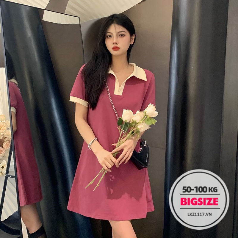 Đầm polo dáng suông Bigsize Váy nữ tay ngắn cổ bẻ chữ a mùa hè Phong cách Hàn Quốc Thời Trang tiểu thư cá tính xinh đẹp cho người mập béo