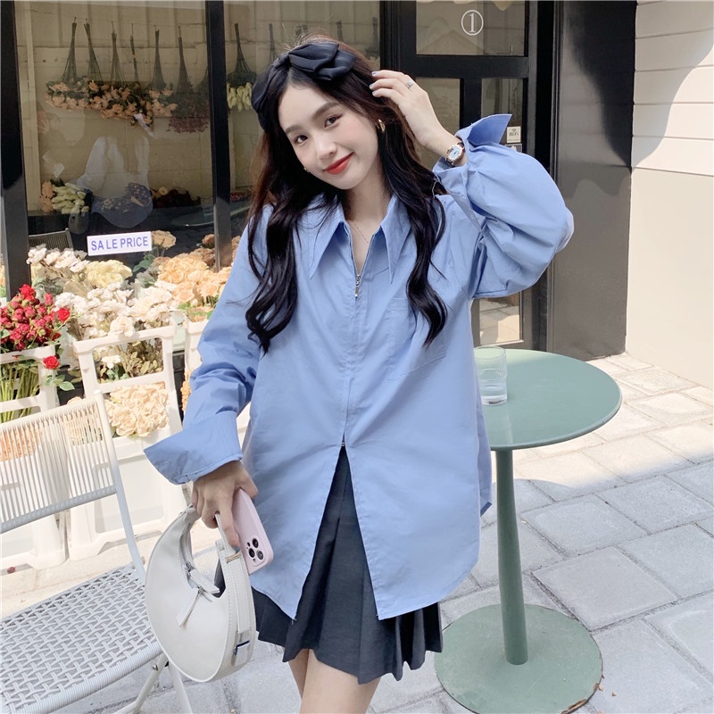 Áo sơ mi trắng tay dài cổ polo dáng rộng có khóa kéo đôi phong cách retro Mỹ thời trang cho nữ