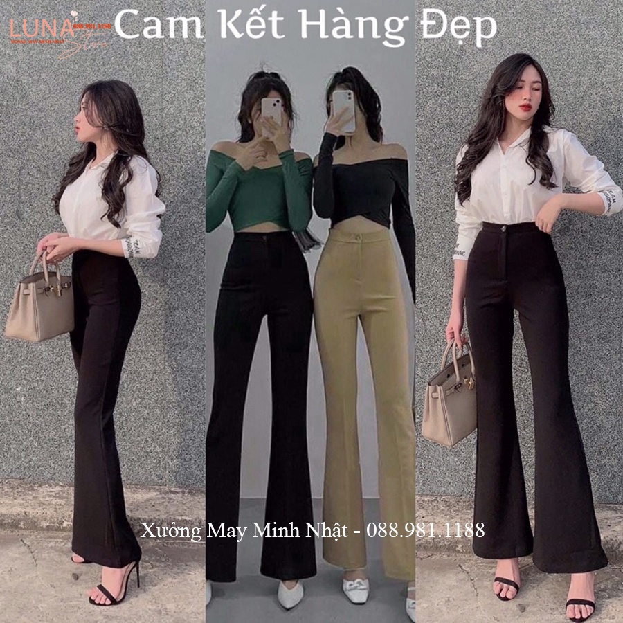 Quần tây ống loe nữ cạp lưng cao 1 khuy chất vải tuyết mưa màu đen tôn dáng quần ống loe nữ đi học làm công sở chơi xinh
